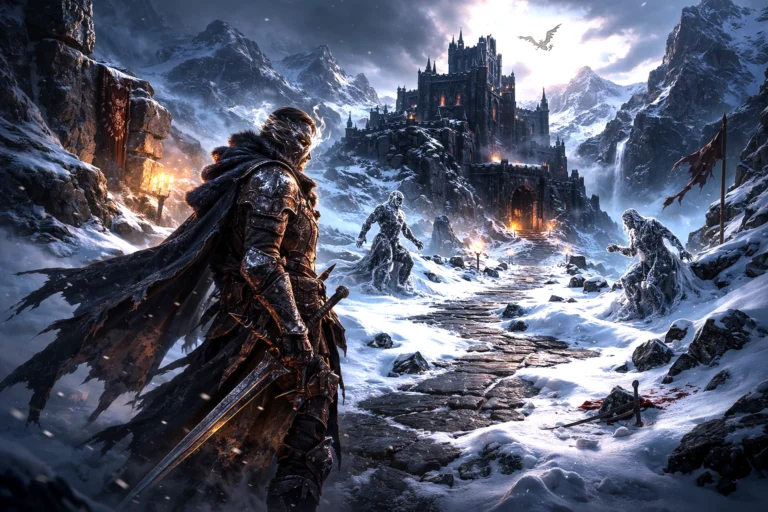 A shapeshifting traveler stands on a frozen mountain road leading toward an obsidian fortress beneath icy peaks.