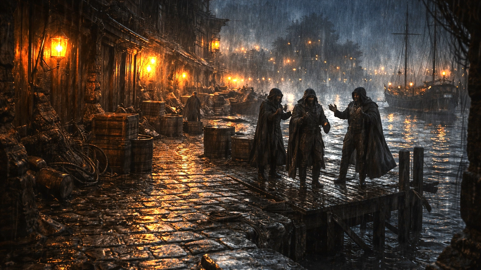 A tense nighttime scene in Waterdeep’s Dock Ward, with lantern-lit docks, dark water, and silhouetted adventurers near the harbor.