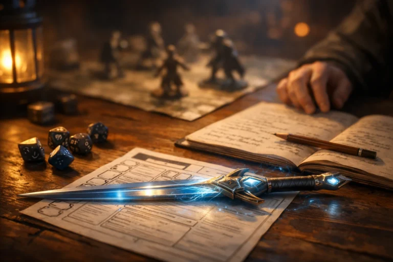 Dungeon Master reviewing encounter notes beside a glowing magic weapon on a tavern table