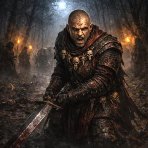 Bhaal Blood Zealot dark fantasy cult warrior with greatsword standing in a torchlit forest ambush scene.