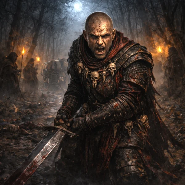 Bhaal Blood Zealot dark fantasy cult warrior with greatsword standing in a torchlit forest ambush scene.