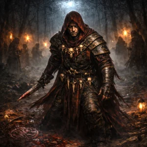 A Bhaal Reaver cult assassin standing in a torchlit forest clearing with dagger drawn.