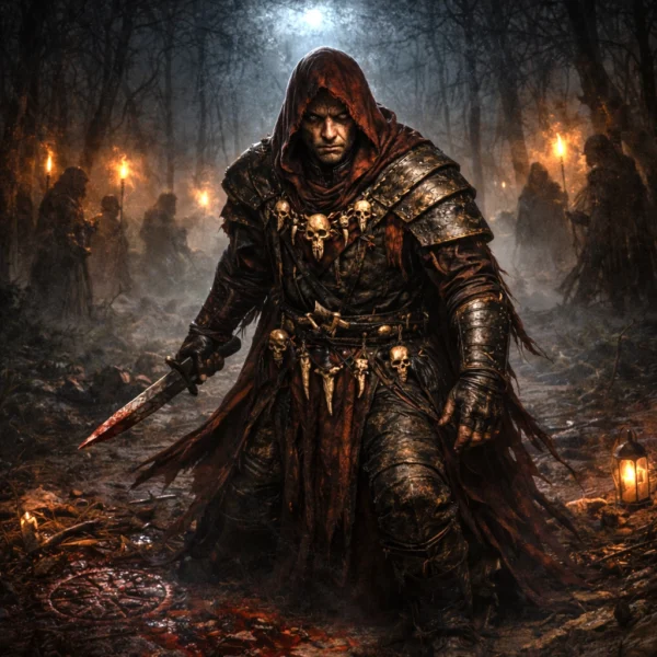 A Bhaal Reaver cult assassin standing in a torchlit forest clearing with dagger drawn.