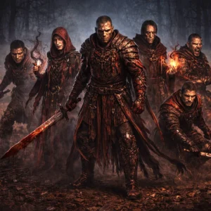 Six Bhaal cultists including executioner, blood seer, mage, zealot, and reavers posed together in a dark fantasy scene for Dungeons and Dragons.