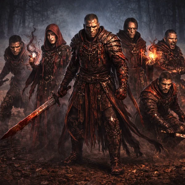 Six Bhaal cultists including executioner, blood seer, mage, zealot, and reavers posed together in a dark fantasy scene for Dungeons and Dragons.