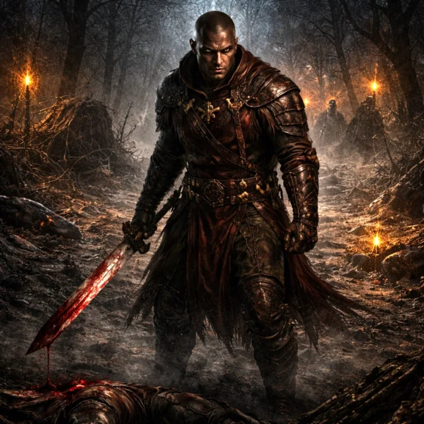 A Bhaal Executioner cult assassin standing over the aftermath of a caravan ambush