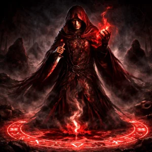 A Blood Seer of Bhaal performing a dark ritual within a crimson magical circle.