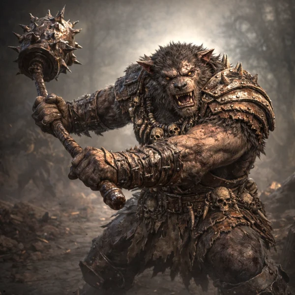 Bugbear brute swinging a spiked maul in a dynamic combat pose