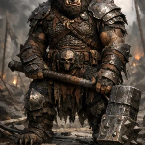 A heavily armored bugbear holding a massive maul standing in a ruined battlefield