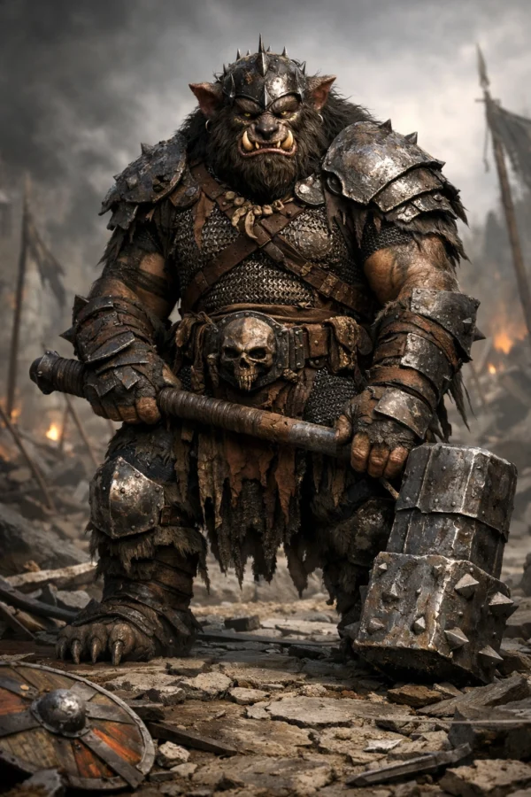 A heavily armored bugbear holding a massive maul standing in a ruined battlefield