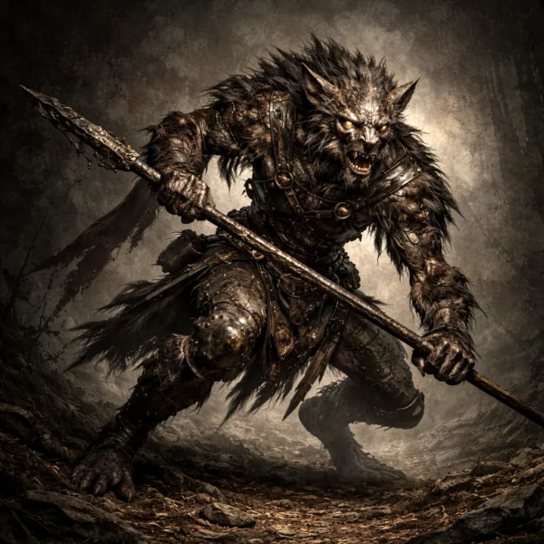 A bugbear harrier holding a hooked spear in a dynamic ready stance against a dark background