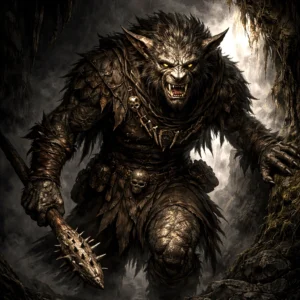 A bugbear stalker stepping out of shadow with a spiked club, ready to ambush