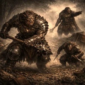 Bugbear warband ambushing on a broken forest road with brute, stalker, and leader visible