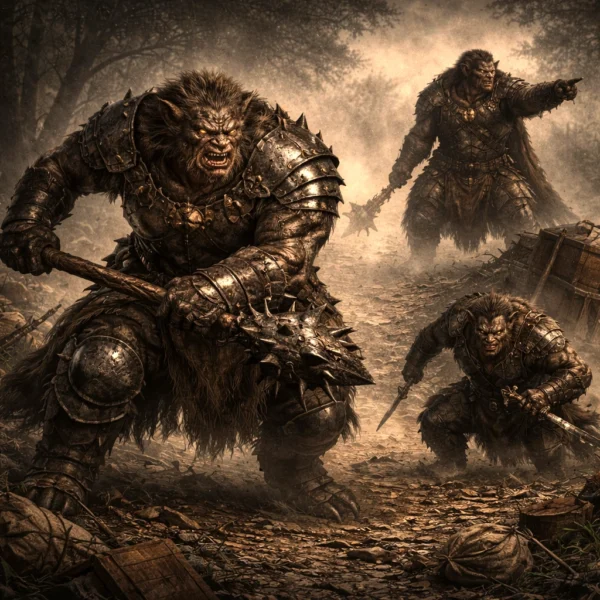 Bugbear warband ambushing on a broken forest road with brute, stalker, and leader visible
