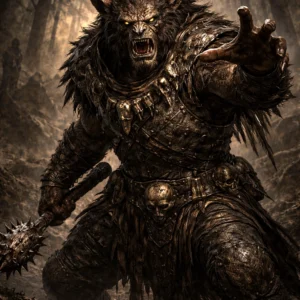 A scarred bugbear warcaller in armor raising a weapon and shouting commands