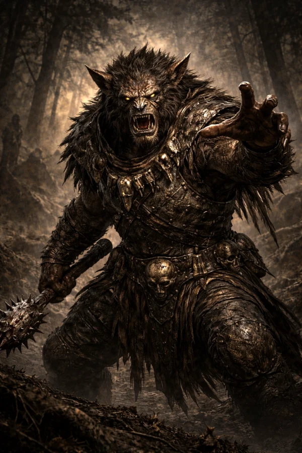 A scarred bugbear warcaller in armor raising a weapon and shouting commands