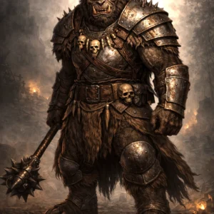 A heavily armored Bugbear Warlord holding a massive morningstar in a dramatic dark fantasy character portrait.