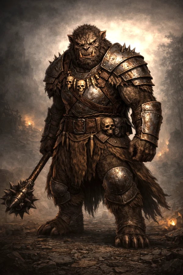 A heavily armored Bugbear Warlord holding a massive morningstar in a dramatic dark fantasy character portrait.