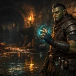 Half-orc wizard casting a spell in a sewer hideout beneath Waterdeep