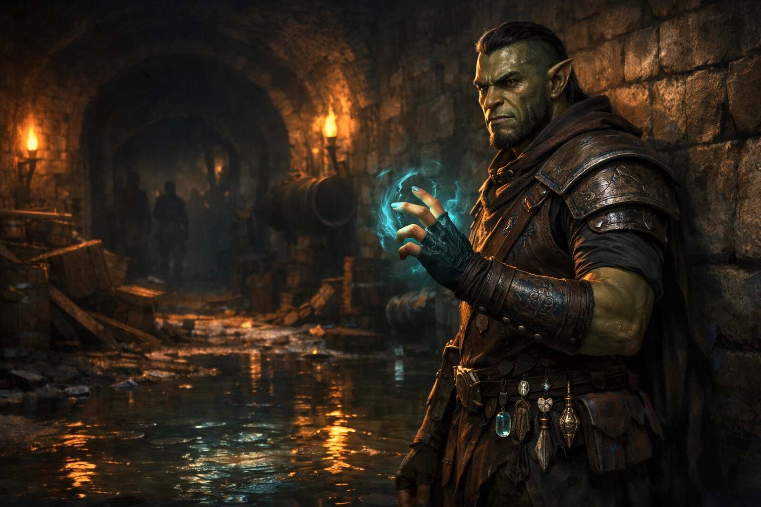 Half-orc wizard casting a spell in a sewer hideout beneath Waterdeep