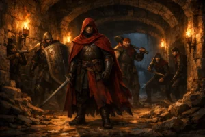 Ranked Redbrand bandits standing in formation inside a stone dungeon hallway in Dungeons & Dragons 5e