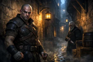 Krentz with purple eye tattoo and Zemk the duergar enforcer standing in a shadowed Waterdeep alley