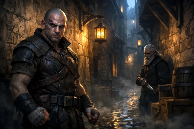 Krentz with purple eye tattoo and Zemk the duergar enforcer standing in a shadowed Waterdeep alley