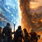 Adventurers returning through a portal from a voxel-style fantasy world to Phandalin in a D&D campaign