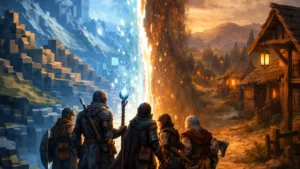 Adventurers returning through a portal from a voxel-style fantasy world to Phandalin in a D&D campaign