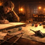 Dungeon Master reflecting at a gaming table after a chaotic session with scattered dice and a fallen wizard miniature