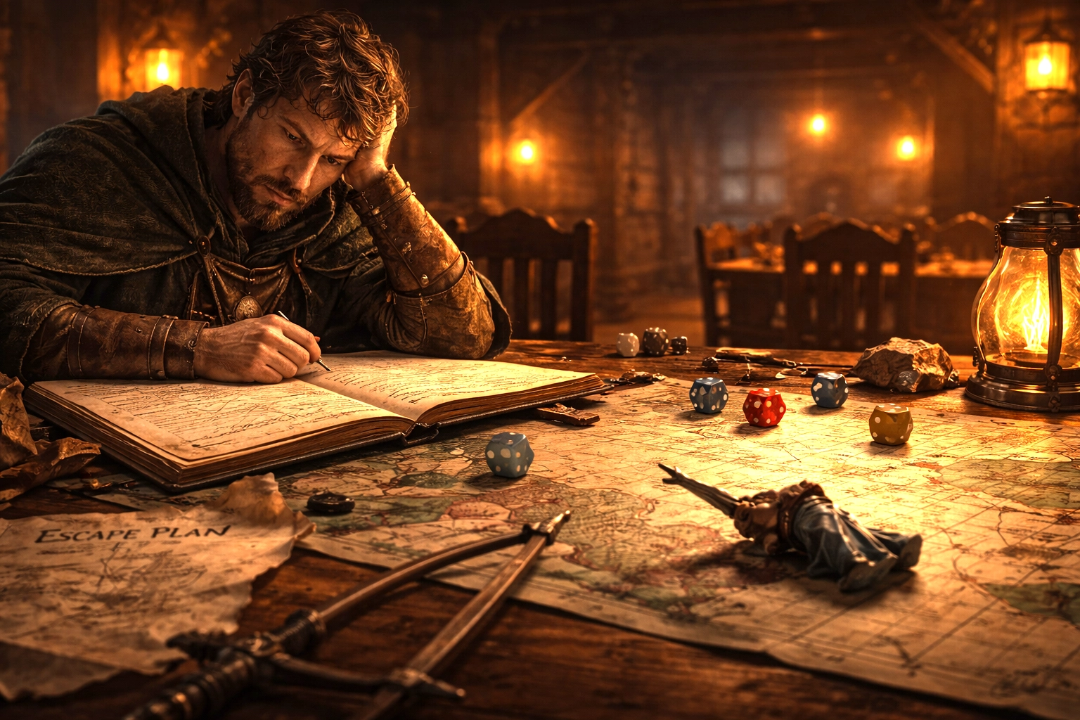 Dungeon Master reflecting at a gaming table after a chaotic session with scattered dice and a fallen wizard miniature