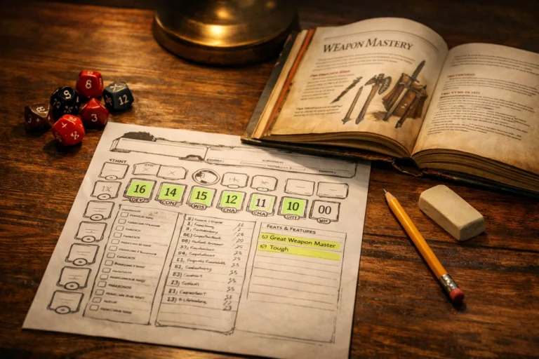 A Dungeons & Dragons 2024 character sheet with highlighted ability scores and feats beside dice and rulebook.