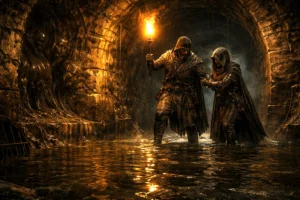 Adventurers navigating a dark sewer beneath Waterdeep, trusting one another as unseen dangers lurk in the walls