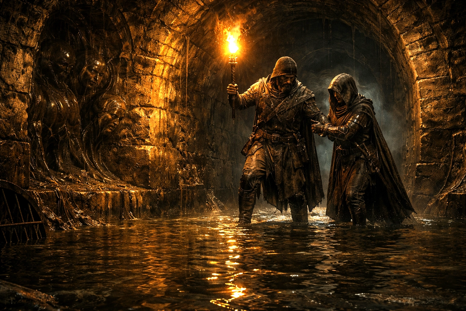Adventurers navigating a dark sewer beneath Waterdeep, trusting one another as unseen dangers lurk in the walls