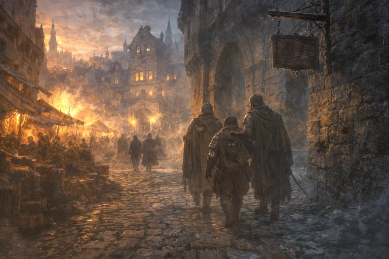 Adventurers leaving Waterdeep’s marketplace and approaching Trollskull Manor at dusk