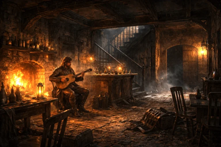 Inside Trollskull Manor at dusk as golden bardic magic stirs and something waits beneath the cellar