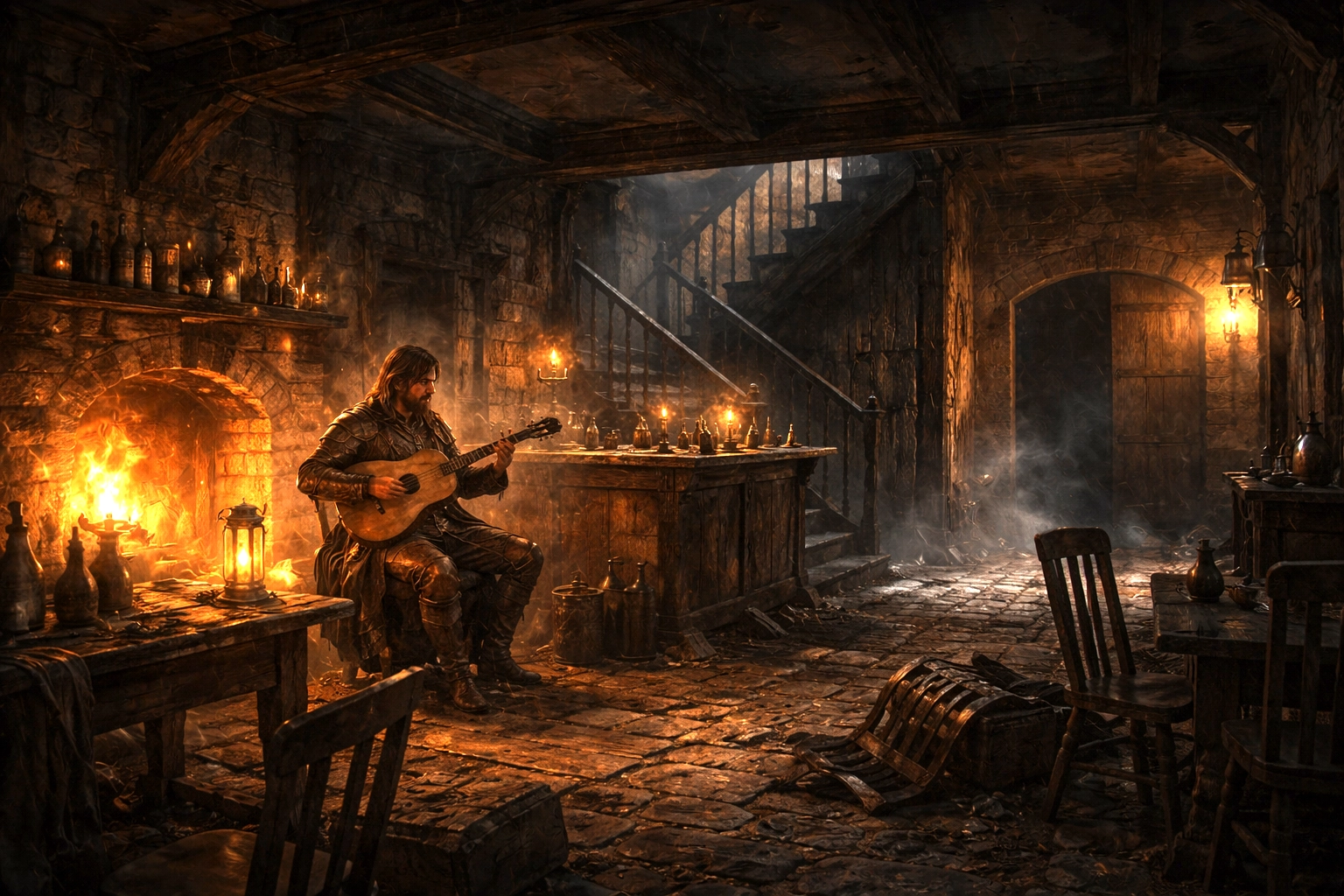 Inside Trollskull Manor at dusk as golden bardic magic stirs and something waits beneath the cellar