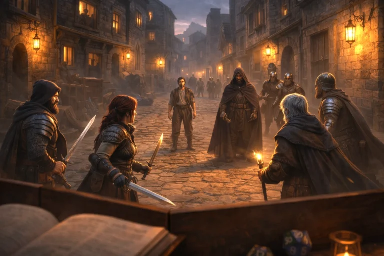 Adventuring party facing faction enforcers in a tense medieval street standoff at dusk
