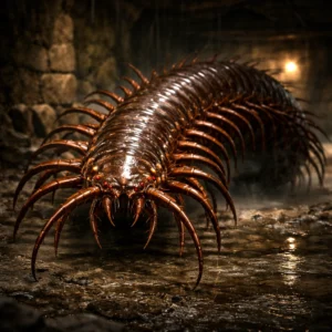 Detailed portrait of a giant centipede with segmented body and mandibles