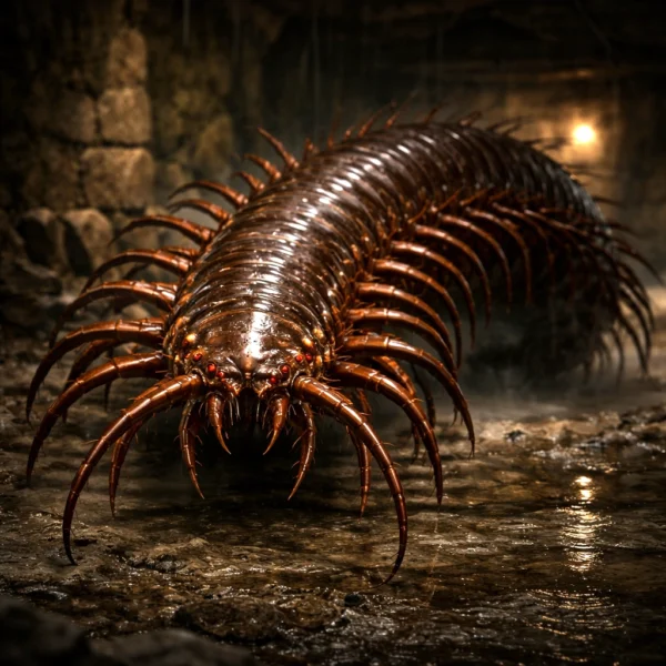 Detailed portrait of a giant centipede with segmented body and mandibles