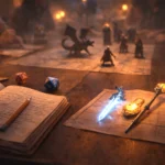 Dungeon Master adjusting encounter notes as powerful magic items and miniatures sit on a D&D table