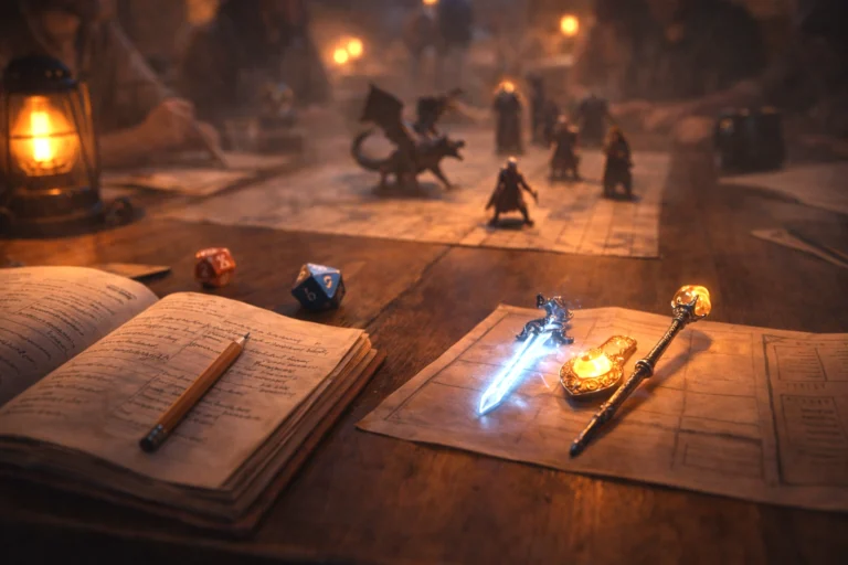 Dungeon Master adjusting encounter notes as powerful magic items and miniatures sit on a D&D table