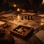 Warm tabletop lighting illuminating a Dungeons & Dragons game table with dice, character sheets, and miniatures during an immersive RPG session.