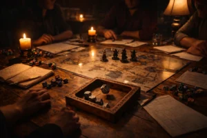 Warm tabletop lighting illuminating a Dungeons & Dragons game table with dice, character sheets, and miniatures during an immersive RPG session.