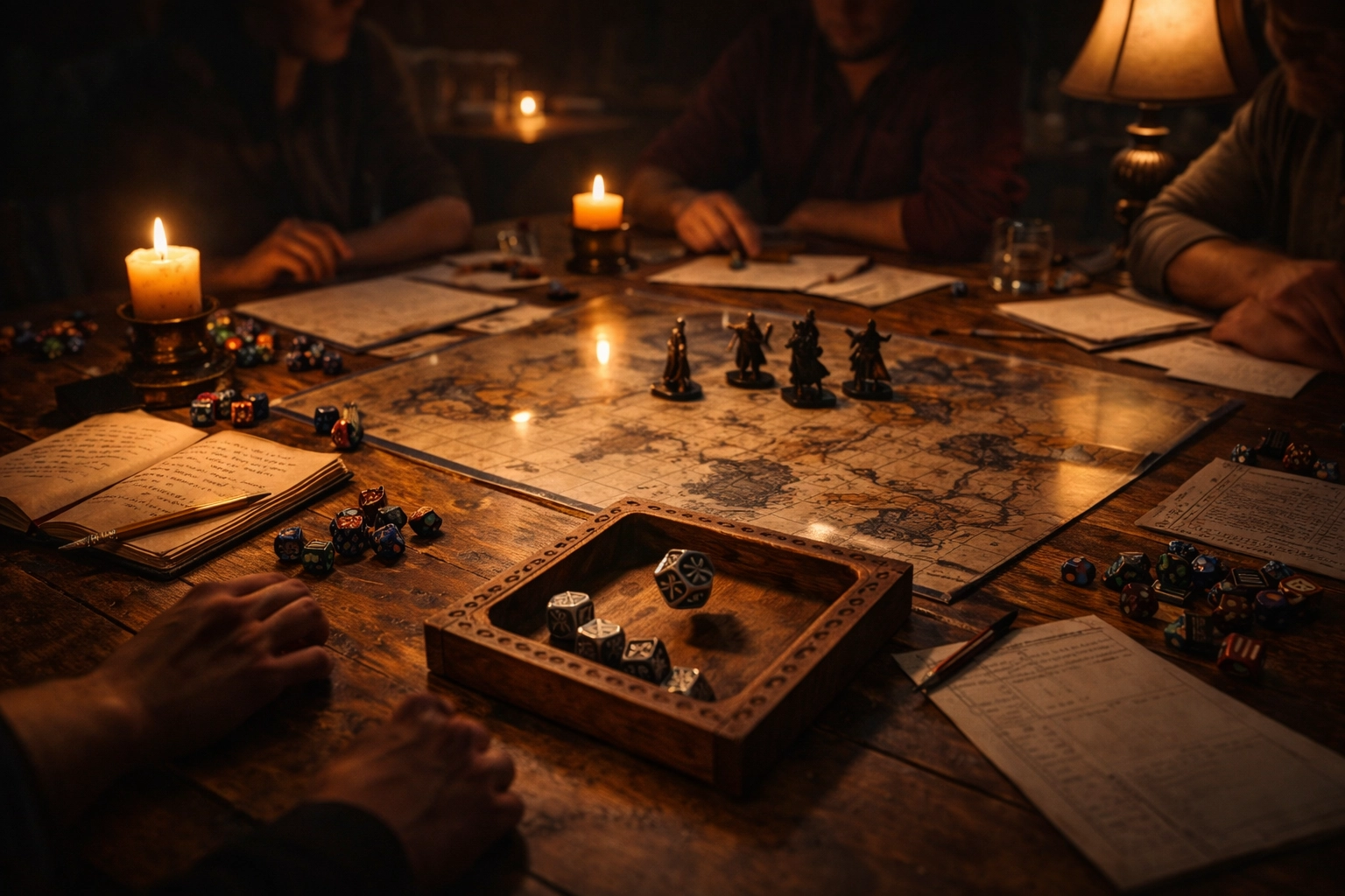 Metal die rolling in a wooden dice tray during a Dungeons & Dragons session with maps and miniatures on the table