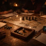 Ambient music playing during a tabletop RPG session with dice, maps, and miniatures on a wooden gaming table