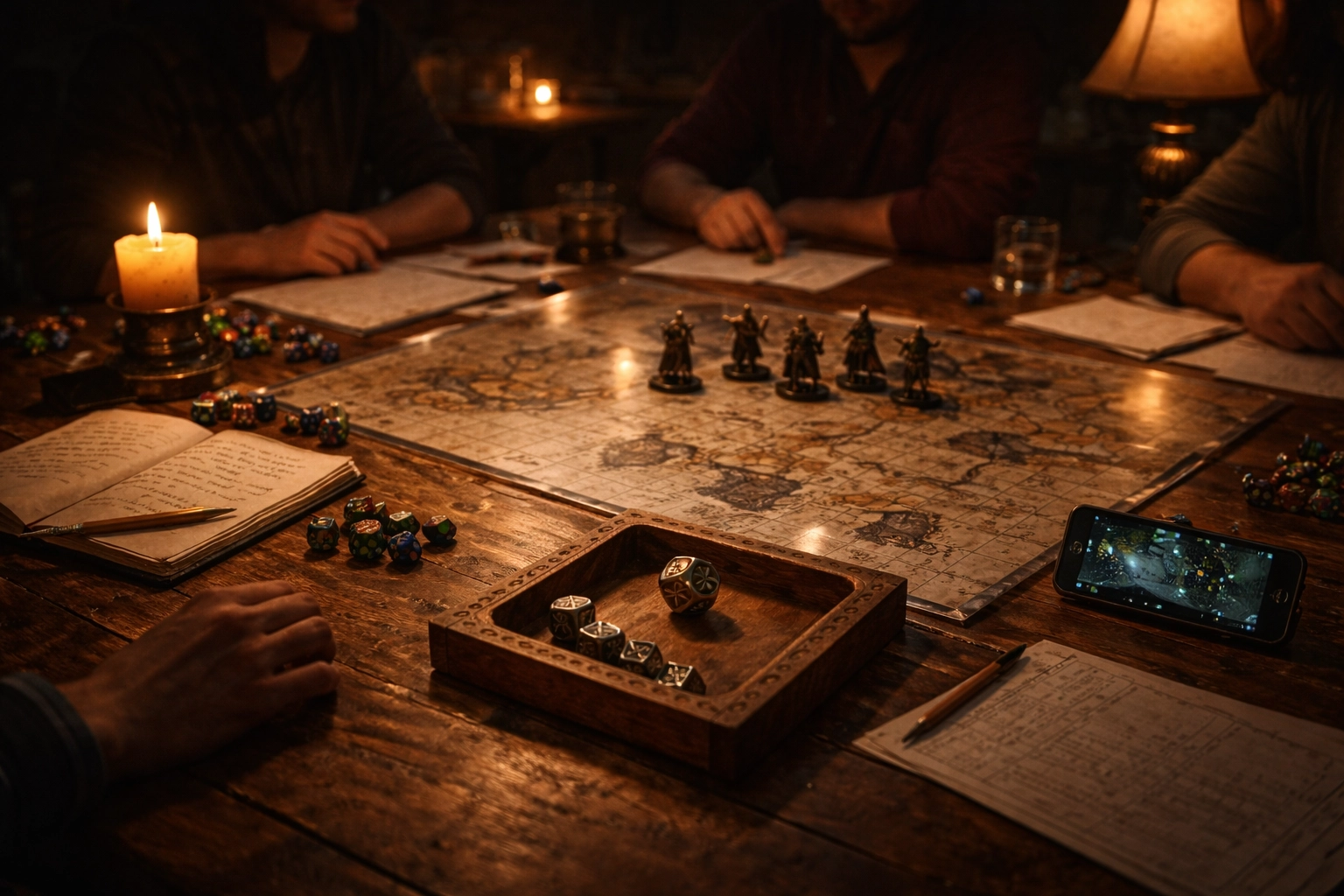Ambient music playing during a tabletop RPG session with dice, maps, and miniatures on a wooden gaming table