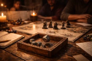 Metal die rolling in a wooden dice tray during a Dungeons & Dragons session with maps and miniatures on the table