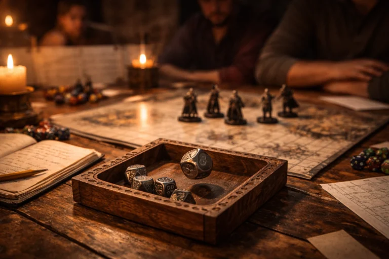 Metal die rolling in a wooden dice tray during a Dungeons & Dragons session with maps and miniatures on the table