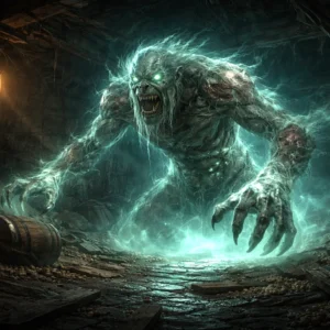 A detailed portrait of a troll specter with warped ghostly limbs and a partially transparent body glowing with necrotic energy.